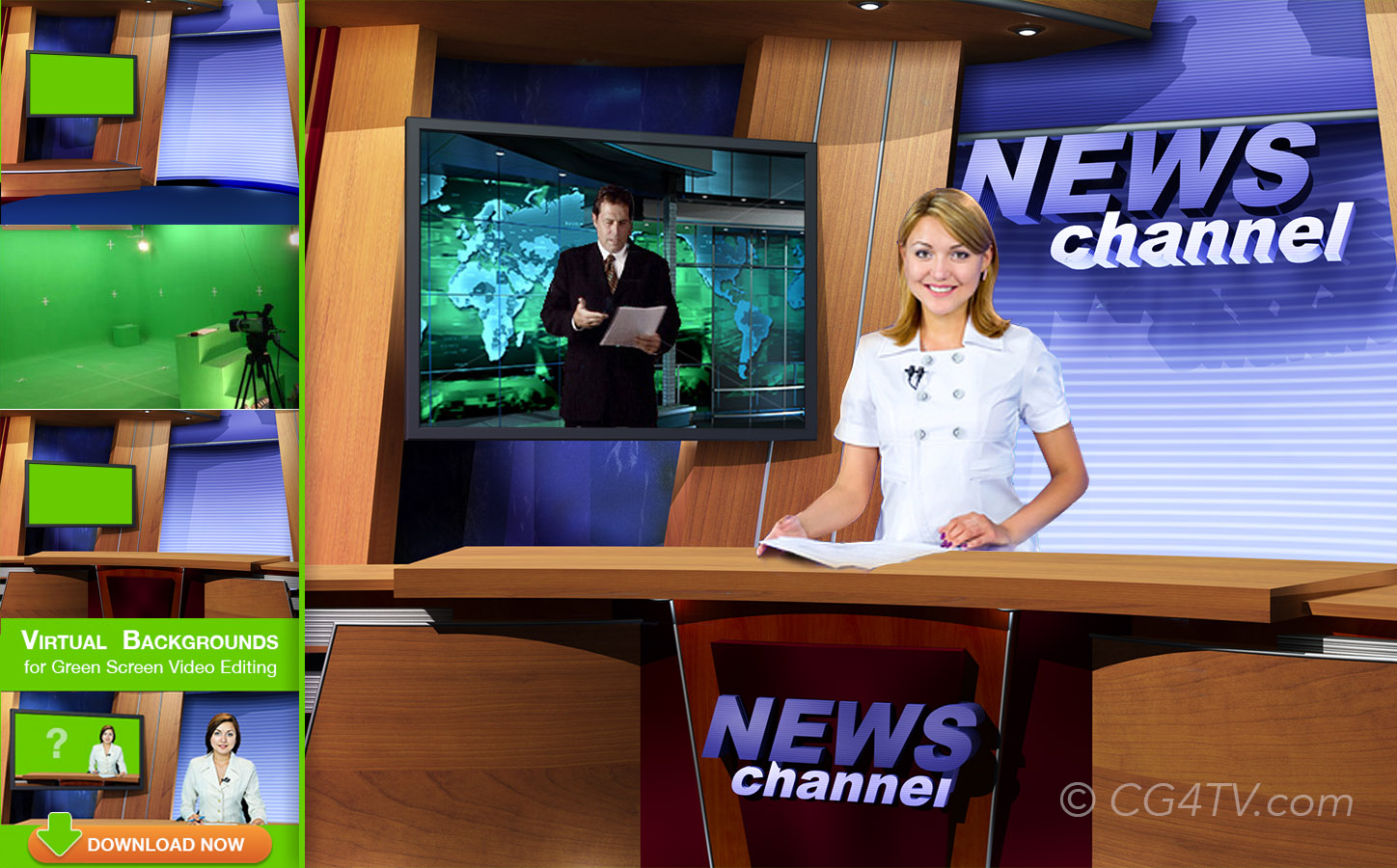 News studio set is a background designed to be used with green screen software virtual news studio set background
